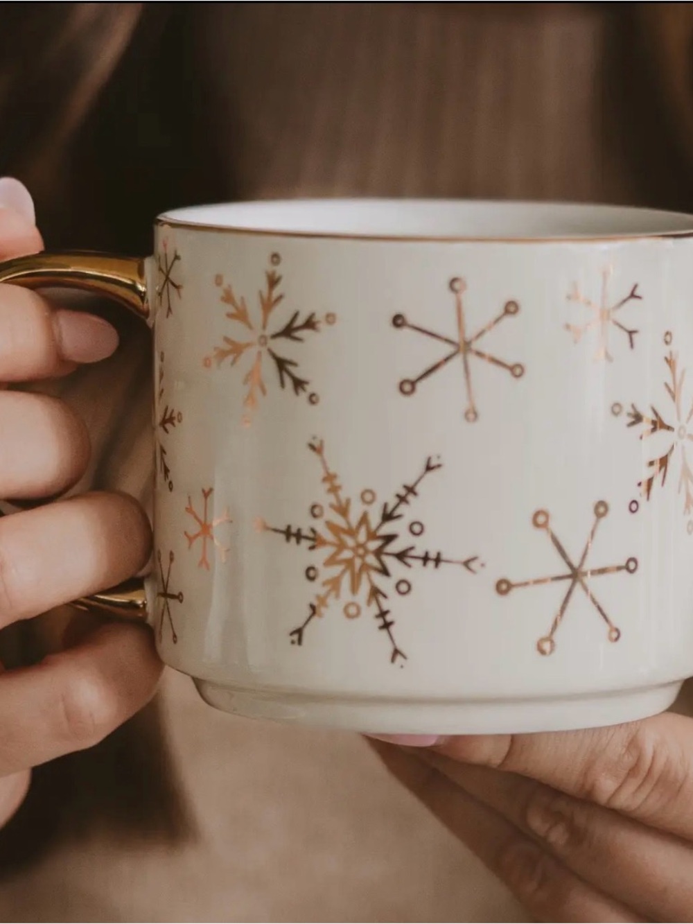 White Ceramic Mug with Gold Snowflake Pattern and Gold Handle